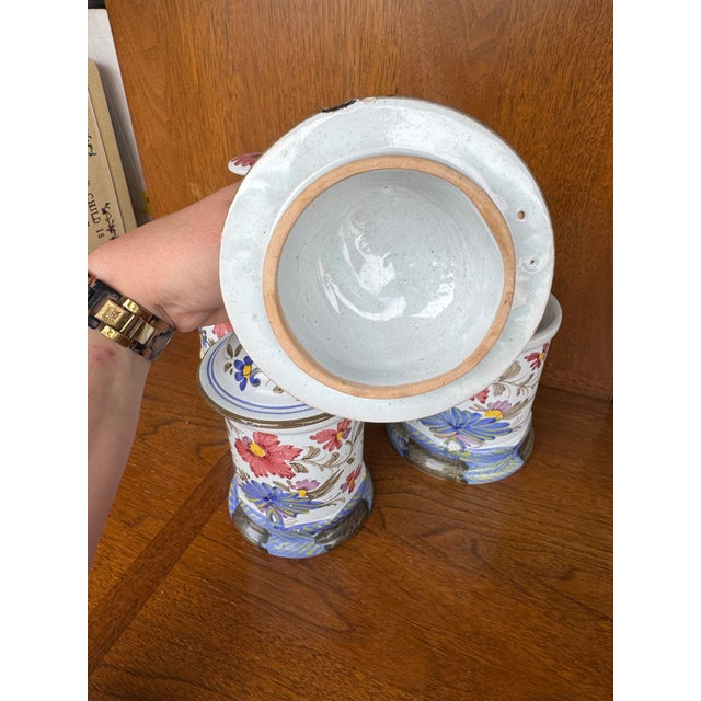 Vintage Hand-Painted Faience Floral Ceramic Canister Set – European Country Kitchen Storage (Set of 3) For Sale In Boise - Image 6 of 12