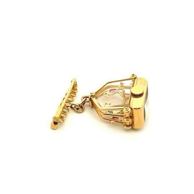 Metal Diamond & Gems 18k Rose Gold Bird Cage Dangle Watch Fob Brooch For Sale - Image 7 of 7