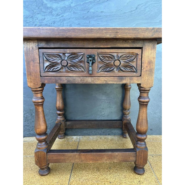 Brown Spanish Rustic Oak Bedside Tables with Carved Drawers, 1950s, Set of 2 For Sale - Image 8 of 12
