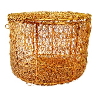 Vintage Metal Wire Mesh Round Storage Box With Lid For Sale