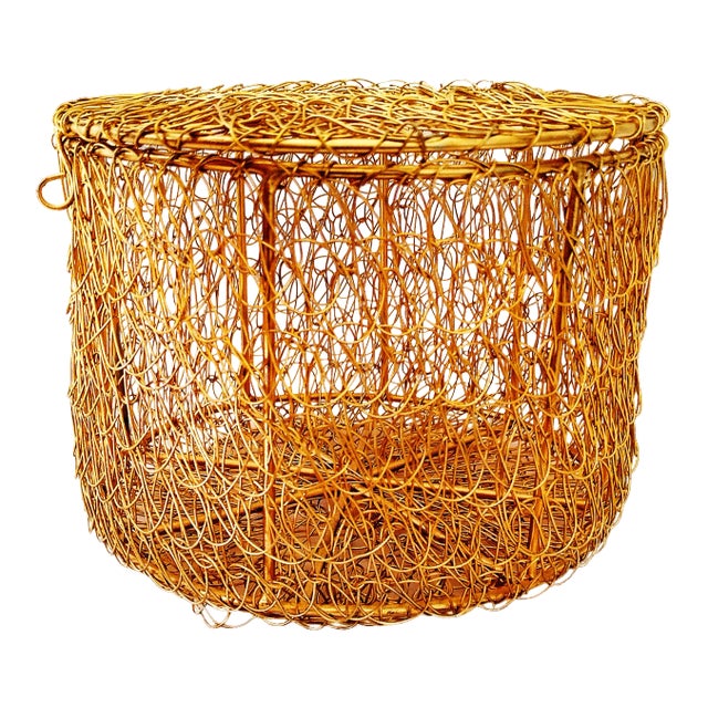 Vintage Metal Wire Mesh Round Storage Box With Lid For Sale