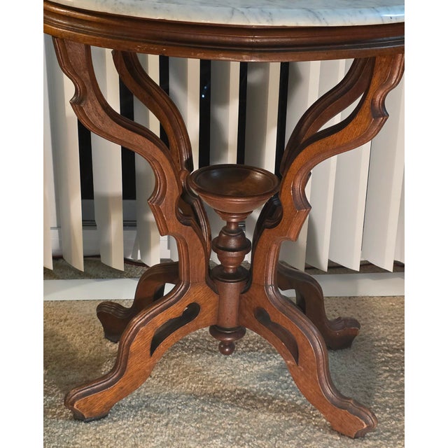 Victorian Victorian Eastlake Oval Marble-Top Walnut Parlor Table, C. 1880 For Sale - Image 3 of 7