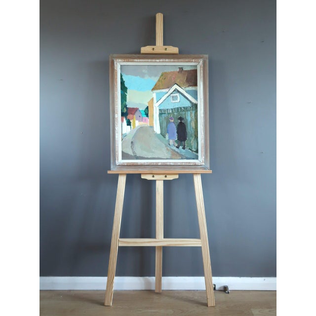 Mid-Century Modern Mid-Century Modern 'Walking Home Together' Vintage Original Swedish Naïve Style Street Scene Oil Painting, Framed For Sale - Image 3 of 12