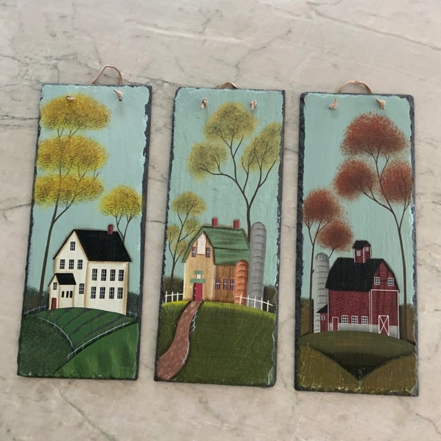 Vintage Rustic Hand Painted Slate Wall Hanging Featuring a Red Barn For Sale In Los Angeles - Image 6 of 7