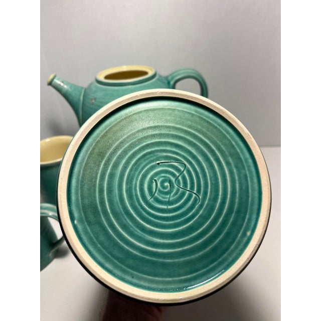 Turquoise Vintage Studio Art Pottery Tea Set: Teapot Warmer Mugs Lidded Jar Artist Signed- 10 Pieces For Sale - Image 8 of 11