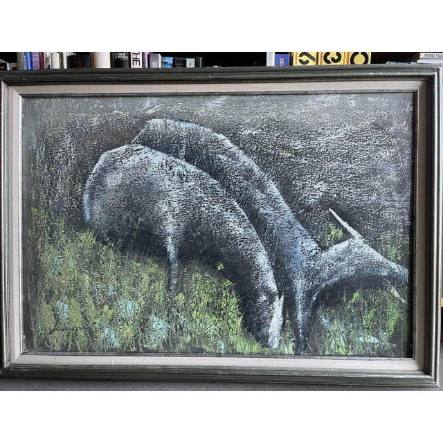 1960s Vintage Signed Roane Sgraffito Original Biomorphic Grazing Deer Painting Framed Canvas Abstract Expressionism For Sale - Image 5 of 10