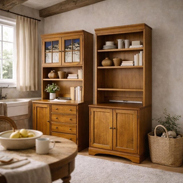 1990s Pair of Cottage Style Oak Hutch Cabinets With Glass Doors For Sale - Image 18 of 18