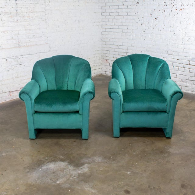 Lovely vintage Art Deco Revival Hollywood Regency pair of channeled fan back club chairs with rolled arms, removeable arm...