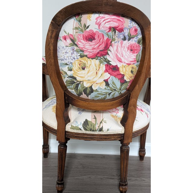 Vintage Louis XVI Style French Arm Chair Restyled/Restored- Vintage Cabbage Roses Floral Batkcloth Upholstery Fabric For Sale - Image 4 of 12