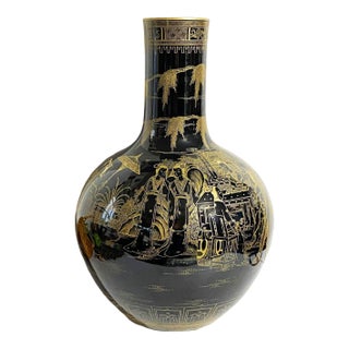 Vintage Large Chinoiserie Onion Shape Famille Noire Vase 19.25" H For Sale