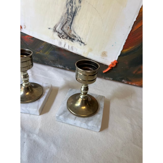 Pair of 1970s Brass Candle Holder With Marble Bottoms For Sale - Image 4 of 10