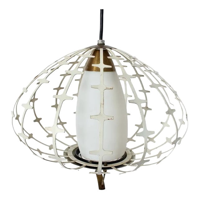 1960s Progress Mfg. Co. Inc. Off White Enamel & Glass "Onion" Hanging Pendant For Sale