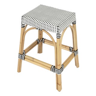 Robias 24.5 in. Seat Height Rectangular Rattan Backless Counter Stool with Footrest, White/Black Dot/ Natural Rattan Frame For Sale
