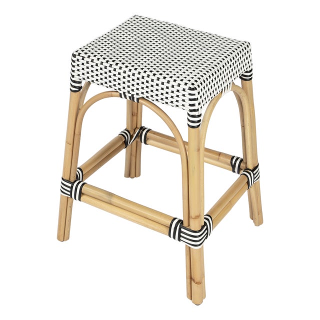 Robias 24.5 in. Seat Height Rectangular Rattan Backless Counter Stool with Footrest, White/Black Dot/ Natural Rattan Frame For Sale