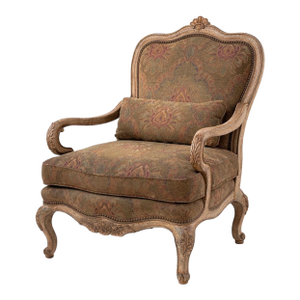 Late 20th Century French Provincial Louis XV Style Carved Armchair by Thomasville With Antiqued Frame & Tapestry Upholstery