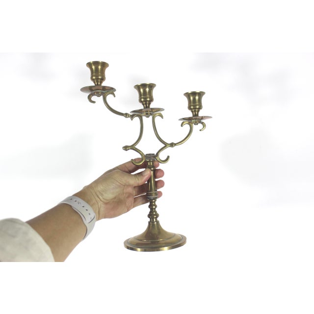 English Vintage Tall Brass Three Arm Candelabra For Sale - Image 3 of 8