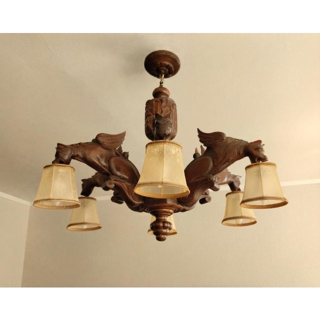 Antique Black Forest Gothic Revival Carved Wood Chandelier with Gargoyles and Mascarons, 1940s For Sale - Image 14 of 17