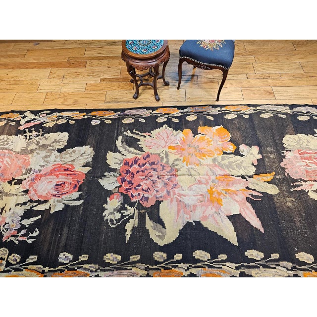 Black Vintage Caucasian Karabagh Kilim, Floral wreath Design, Handwoven Wool, 5' x 14' For Sale - Image 8 of 17
