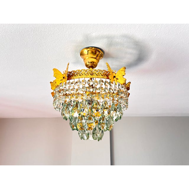 Vintage Brass Butterfly Flush Mount Light, Vintage Hand-Painted Light Green Crystal Basket Chandelier, Dramatic Radial Shadow Display For Sale - Image 11 of 15