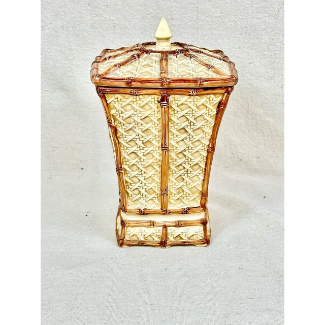 Lovely vintage faux bamboo and faux cane lidded container. Made of plaster/chalkware material. Perfect to use to store...