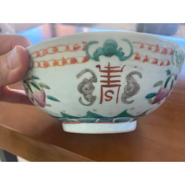 Vintage Chinese Famille Rose Porcelain Peach Longevity Bowl For Sale In Los Angeles - Image 6 of 8