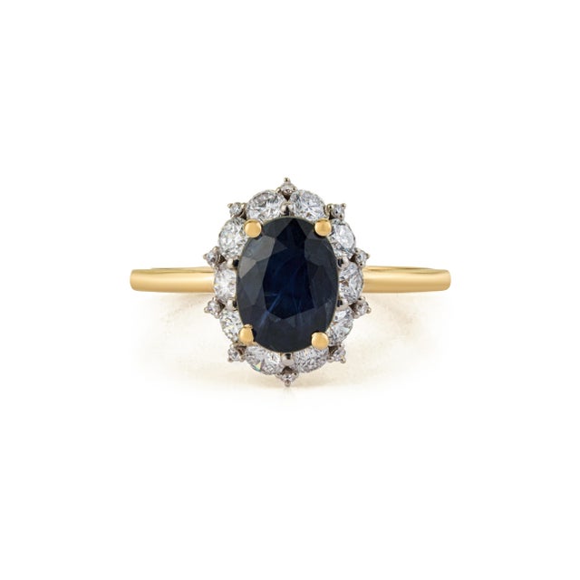 VRJewels 1.55ct Blue Sapphire Diamond Halo Ring Size 5 in 14k Yellow Gold For Sale - Image 4 of 14