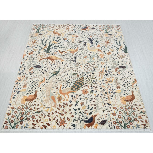 8x10Ft. White Peacock Wool Rug, Hand Knotted Birds Garden For Sale - Image 4 of 11