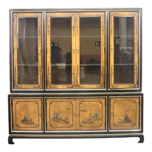 Mid 20th Century Vintage Chinoiserie Two-Piece Breakfront China Cabinet