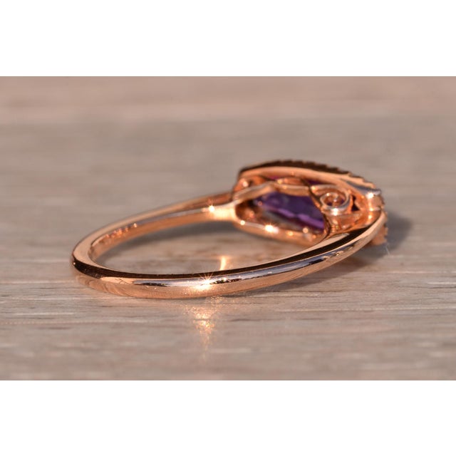 Metal The 93rd Avenue: Contemporary Checkerboard Cut Elongated Amethyst and Natural Diamond Halo Ring in Rose Gold For Sale - Image 7 of 11