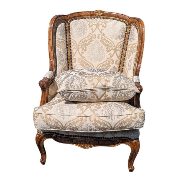 Late 20th Century Late 20th Century French Provincial Louis XV Style Carved Wingback Bergère Chair in Damask For Sale - Image 5 of 12