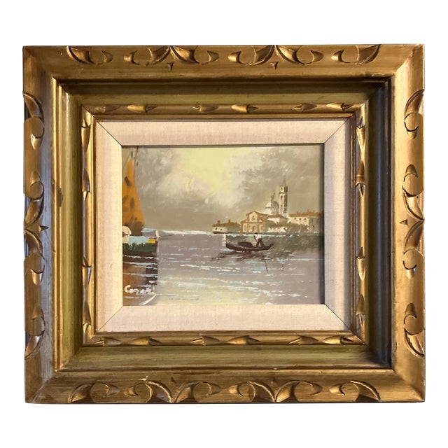 1950’s Original Impressionist Painting Venice Chunky Carved Wood Frame Signed For Sale