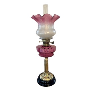 Antique Victorian Cranberry Glass Oil Lamp, 1860 For Sale