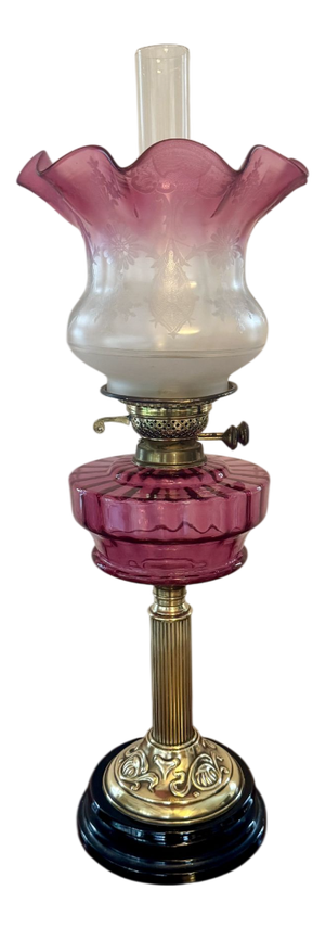 Antique Victorian Cranberry Glass Oil Lamp, 1860