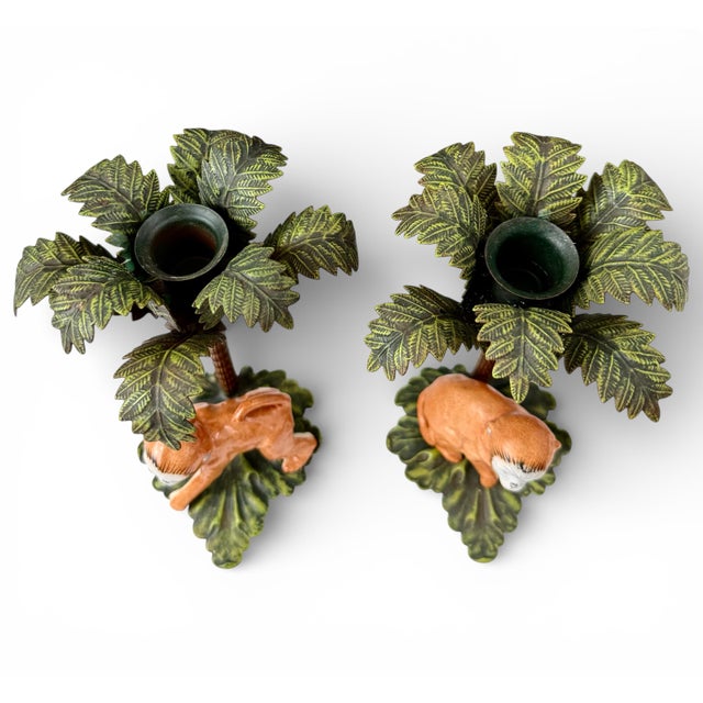Mid 20th Century Pair of Hand-Painted Porcelain Monkey & Tole Palm Candlesticks, Petites Choses Attributed For Sale - Image 10 of 12