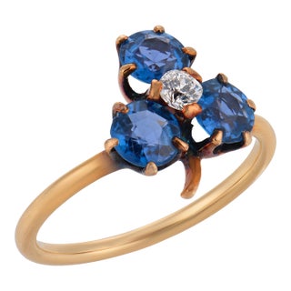 1900-1909 Victorian Sapphire Diamond 14k Yellow Gold Trefoil Ring, Size 4.5 For Sale