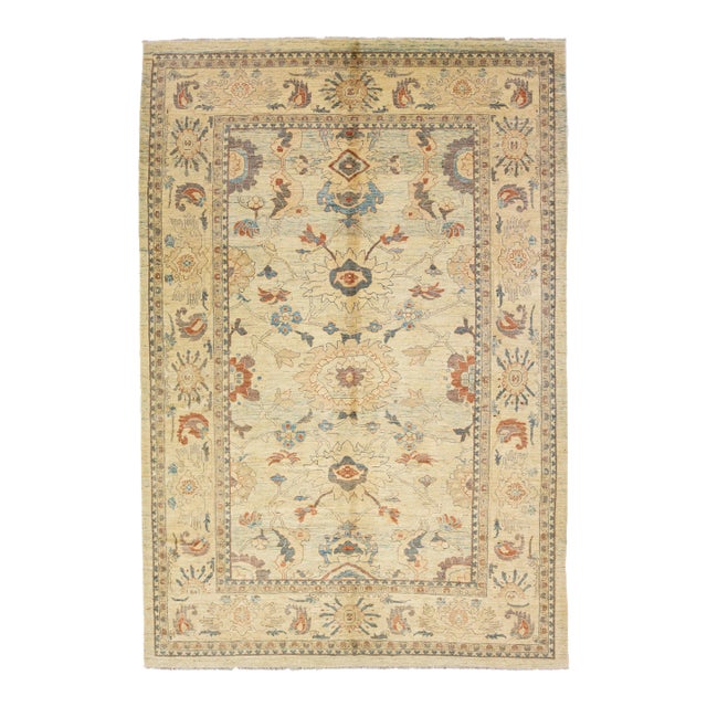 Tan Modern Sultanabad Handmade Floral Motif Wool Rug For Sale