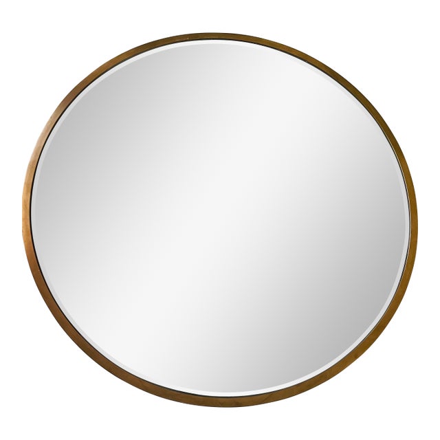 1970s 36” Round Modern Bevelled Brass Mirror For Sale