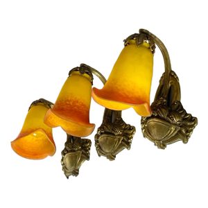 Set of Three 1910s Colorful Art Nouveau French Wall Sconces, Art Glass by Rethondes