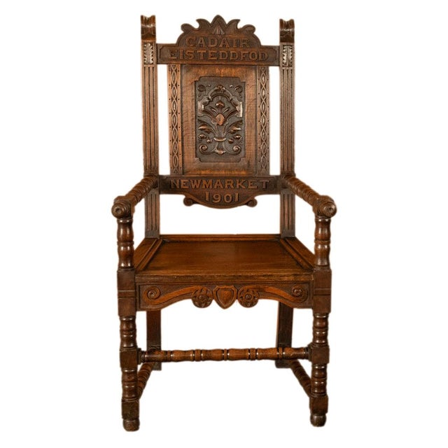 Antique Welsh Carved Oak Eisteddfod Bardic Chair Newmarket Trelawnyd Wales 1901 For Sale - Image 13 of 17