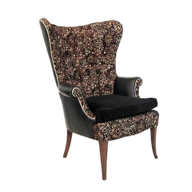 1950s Vintage Black Leather Wingback Accent Chair For Sale - Image 4 of 12