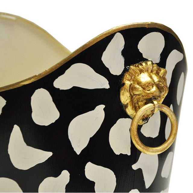 Worlds Away Matthew Izzo Home Wastebasket - Hand Painted Oval Tole Metal With Leopard Design, Raised Edges, Gold Leaf Trim and Lion Head Handles For Sale - Image 4 of 5