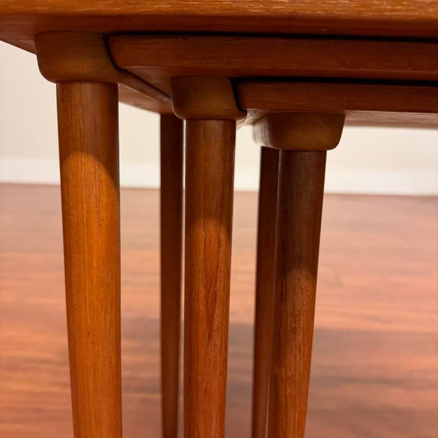 Set of three teak nesting tables by Bramin Mobler, made in Denmark in 1970. This set can be used every day as a side table...