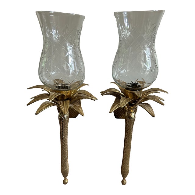 Hollywood Regency Modern Palm Tree Form Candle Wall Sconces With Glass Shades For Sale