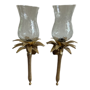 Hollywood Regency Modern Palm Tree Form Candle Wall Sconces With Glass Shades
