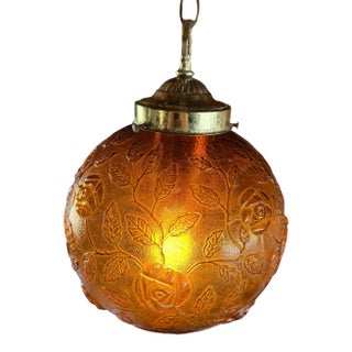 Vintage 1970s Amber Floral Glass Swag Hanging Lamp For Sale