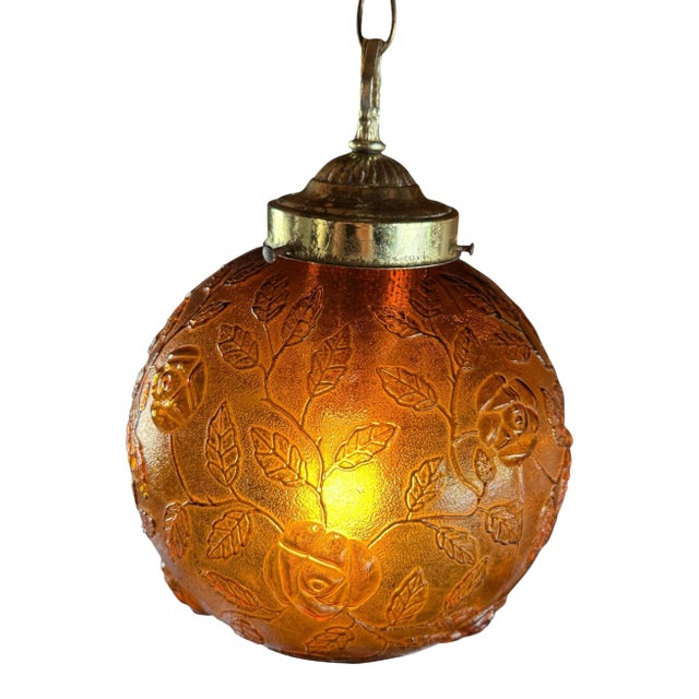 Vintage 1970s Amber Floral Glass Swag Hanging Lamp For Sale