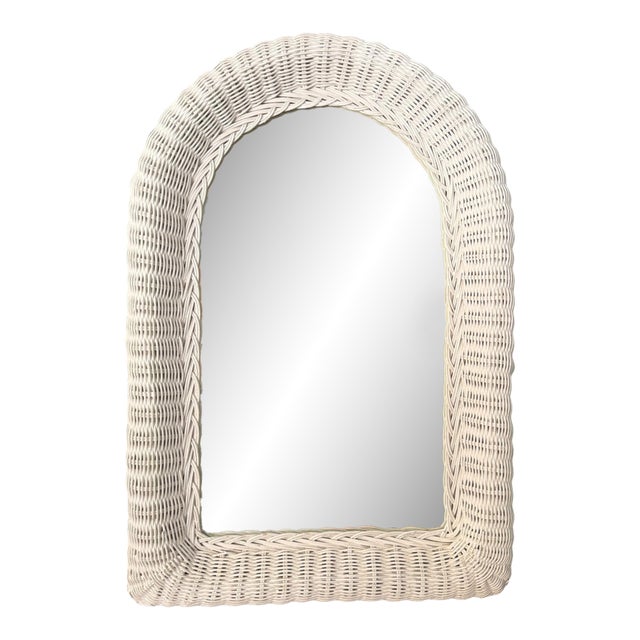 Vintage White Rattan Arched Mirror For Sale