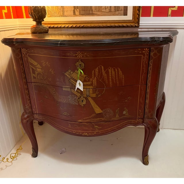 EJ Victor 19th C Style E. J. Victor Red Chinoiserie & Black Marble Commode For Sale - Image 4 of 7