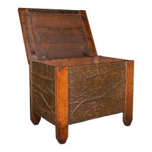 1910s Edwardian Antique English Coal Keeper, Copper, Oak, Fireside, Store, Log Bin