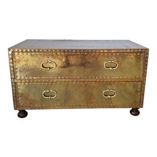 1970s Hollywood Regency Sarreid Ltd Style Brass Clad Two-Drawer Low Chest For Sale